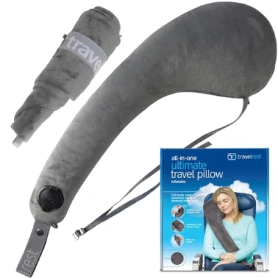 Imagen de Travelrest® Todo en Uno Almohada de Viaje Primera Calidad/Almohada para el Cuello Funda Lavable Felpa con Espuma Viscoelástica Ideal Avión, Coche, Tren, Autobús, Silla ruedas, Oficina