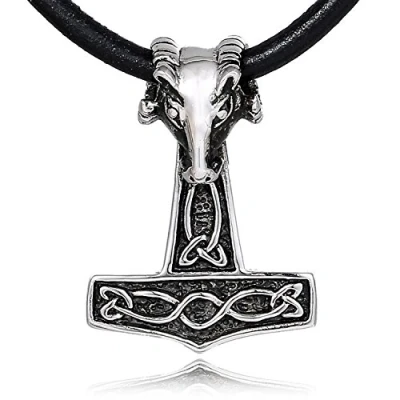 Imagen de DonDon Collar de Cuero para Hombre 50 cm con Colgante Acero Inoxidable Thor Martillo Capricornio