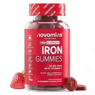 Imagen de Suplemento de Hierro con Vitamina C Veganas y Sin Gluten 60 Gominolas Sabor a Fresa Vitaminas para el Cansancio, Sistema Inmune Formación Glóbulos Rojos Novomins