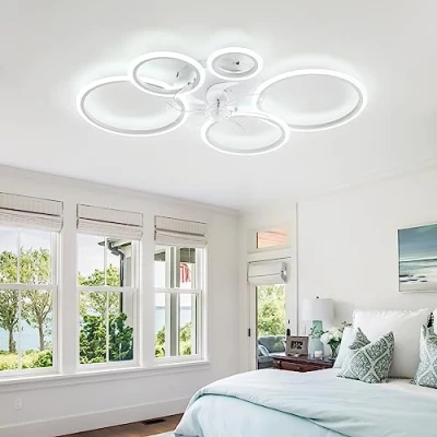 Imagen de 100cm Blanco Lampara Ventilador Techo con Funcion Memoria, Luz Anillo, Cc Temporizador Silencioso Regulable De 6 Velocidades Ceiling Fan with Light para Dormitorio Sala Estar