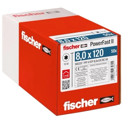 Imagen de fischer PowerFast II 566357 STP Tornillo para madera (8,0 x 120, 50 unidades), color plateado