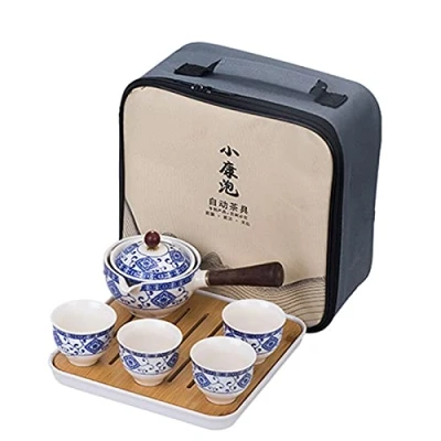 Imagen de fanquare Juego de Té Portátil Viaje Porcelana Azul y Blanca,Juego Kungfu Hecho a Mano, Tetera, 4 Tazas Bandeja Bambú con Bolsa