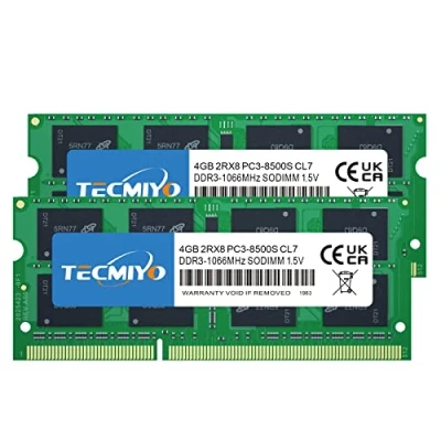 Imagen de TECMIYO 8GB Kit(2X4GB) PC3 8500S DDR3 1066MHz/1067MHz Sodimm 2RX8 Dual Rank 204 Pin 1.5V CL7 Non ECC Módulo de Memoria RAM portátil sin búfer para Intel AMD y Sistema Mac