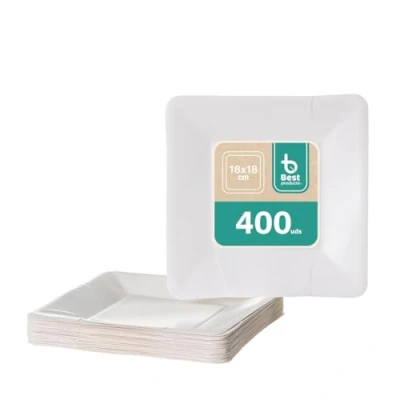 Imagen de BEST PRODUCTS 400 Platos Desechables Cartón Ecológicos Biodegradables Compostables y Reciclables Para Fiestas Cumpleaños Comuniones o Eventos Cuadrados Llanos 18x18cm