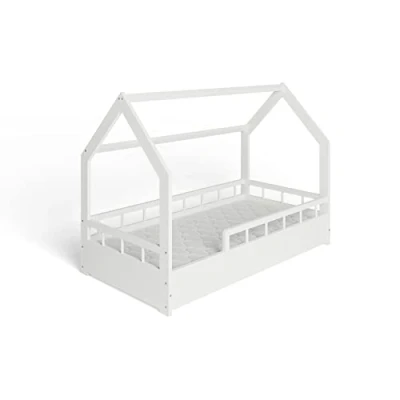 Imagen de MS FACTORY Cama Infantil de Pino con un Colchón Montessori Forma Casa 80x160 cm para Niño y Niña Lamas Somier Medias Barreras Blanco