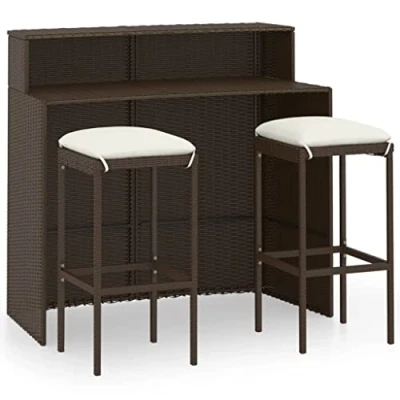 Imagen de vidaXL Juego de Muebles Bar para Jardín 3 Piezas y Cojines Mesa Silla Asiento Patio Terraza Balcón Barra Bistró Mobiliario Marrón