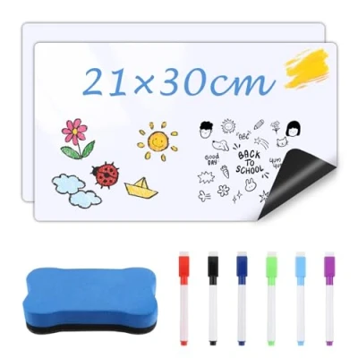 Imagen de Zosenyer Pizarra Blanca A4, Magnética Nevera Borrable 21 x 29.7 cm, Tablero Magnetico de Borrado en Seco con 6 Rotuladores Blanca, Borrador, Whiteboard para Memorandos, Notas, Menús ﻿