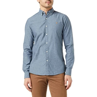 Imagen de Farah Steen Slim Fit Camisa de algodón Cepillado, Azul, S para Hombre