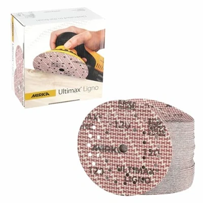 Imagen de Mirka Ultimax Ligno Ø 125mm discos de lija Velcro Multifit/grano 120/100 piezas/multiperforación/para lijar superficies madera