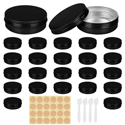 Imagen de Belle Vous Latas de Aluminio Redondas (Pack 24) 60 ml Cajas Metalicas Negras y Tapas con Rosca Mini Pequeñas para Viajes, Cosméticos, Dulces, Manualidades, Bálsamo/Crema, Muestras