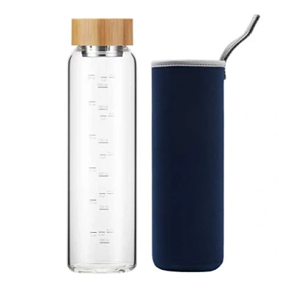 Imagen de Botella de Agua Cristal 1 Litro Reutilizable con Funda Neopreno y Tapa Bambú sin Bpa (Azul Marino)