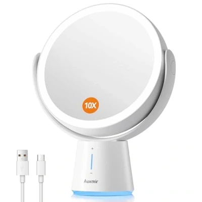 Imagen de Auxmir Espejo Maquillaje con Luz LED, Aumento 10X/1X Doble Cara 360 Giratorio, Recargable 2500 mAh USB, 5 Niveles de Brillo Ajustables, Táctil Sobremesa para Afeitado Depilación Cejas Baño