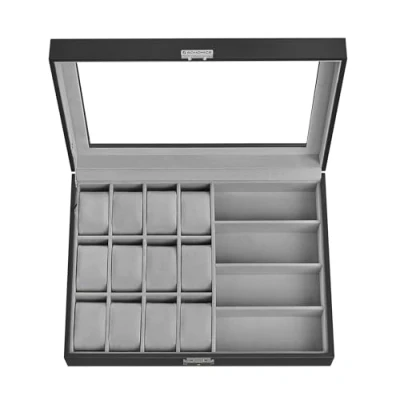 Imagen de SONGMICS Caja de Relojes, Estuche Relojes con Cierre, 16 Ranuras, Tapa Cristal, Regalo para Seres Queridos, Cuero Sintético, Forro Gris Paloma y Superficie Negro Tinta JWB112G01