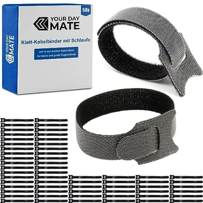 Imagen de 50 bridas de velcro con bucle, 15 cm largo, en negro, nailon, velcro, organizador cables resellable, cierre abrazadera cable