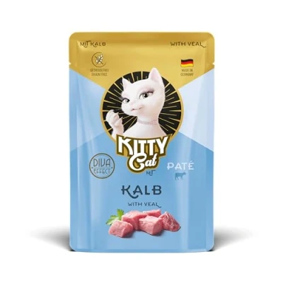 Imagen de KITTY Cat Paté Becerro 6 x 85 g Comida húmeda para Gatos sin Cereales con taurina, Aceite de salmón y mejillón Labios Verdes, pienso Completo Alto Porcentaje Carne, Fabricado en Alemania
