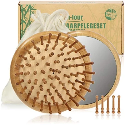 Imagen de com four® Set Premium para el Cuidado del Cabello de 2 Piezas Cepillo desenredante bambú y un pequeño Espejo peluquería (2 Partes enredos + Espejo)