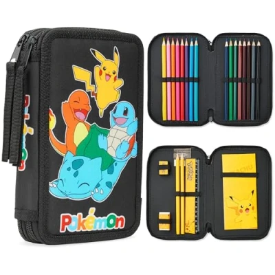Imagen de Pokémon Estuche de Lápices Colores con Papelería para Niños, Material Escolar (Negro/Multi)