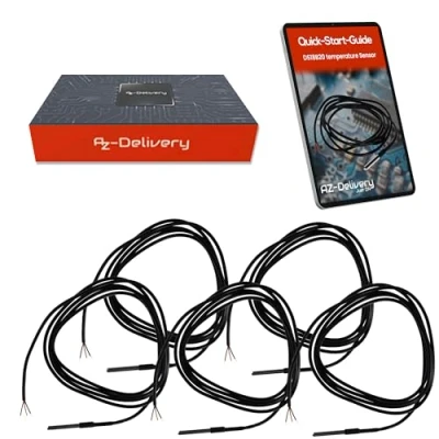 Imagen de AZDelivery DS18B20 Cable digital de acero inoxidable (5 unidades, 2 m, sensor temperatura, resistente al agua, compatible con Arduino y Raspberry Pi, incluye libro electrónico)
