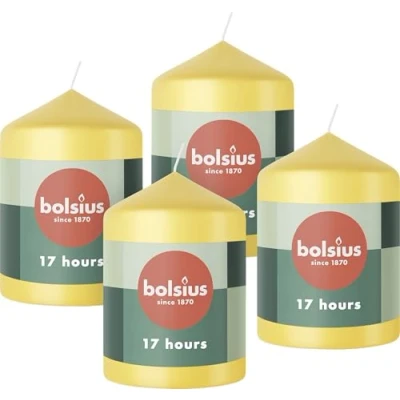 Imagen de Bolsius Pillar Candles Velas decorativas para el hogar, Amarillo, 4 unidades, 8 x 6 cm, larga duración de combustión 17 horas, sin perfume, cera vegana natural, aceite palma