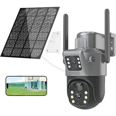 Imagen de Qawner 4K doble cámara vigilancia WiFi exterior inalámbrica, solar HD 6MP PTZ vigilancia, detección humana PIR, audio bidireccional, IP66 impermeable, visión nocturna color