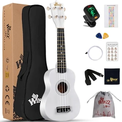 Imagen de Winzz Ukelele Soprano Starter Kit para Principiante. Incluye: Funda, Afinador, Cuerdas Extra, Correa Ajustable, Púas, Pegatinas de notas, Guía Acordes y Paño pulido. Color: Blanco
