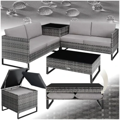 Imagen de TecTake® Conjunto Jardín de Ratán con Cojines Gruesos, Muebles Exterior 2 Sofás, 1 Mesa Cristal, Caja Almacenamiento, Terraza Resistente a la Intemperie, Estructura en Acero Gris