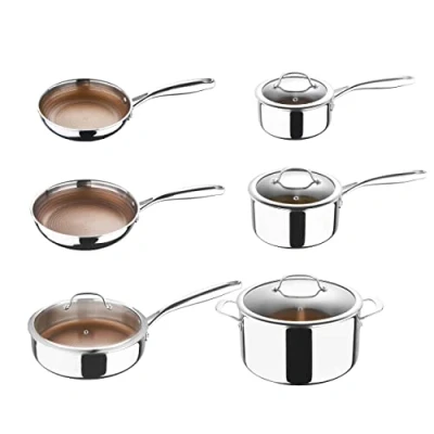 Imagen de MasterPRO GIRO Set 10 piezas Batería de Cocina Híbrida Acero Inoxidable 3 Capas Revestimiento Antiadherente ILAG Estructura contra arañazos Inducción y horno Sin PFAS/PFOA/PTFE