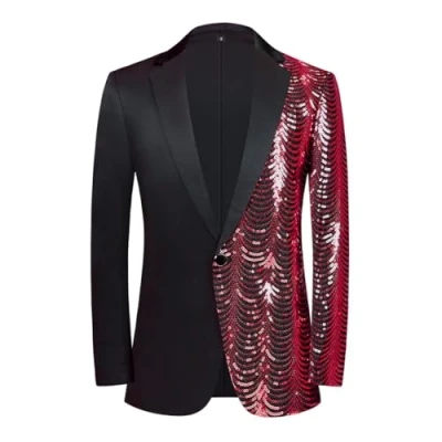 Imagen de PYJTRL Hombre Verde Azul Oro Hojas Patrón Lentejuelas Blazer, rojo, L