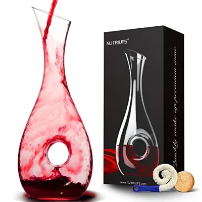 Imagen de NUTRIUPS Jarra de Vino, 1,2L Decantador Vino Sin Plomo, Tinto, Cristal, Para con Forma Círculo Hueco (Derecho)