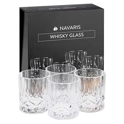 Imagen de Navaris Vasos de Whisky Cristal Juego 4X Vaso Tallado para Whiskey con 1x Caja Regalo Copas Licor vermut chupito Apto lavavajillas