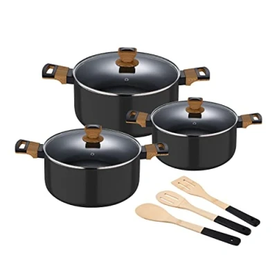 Imagen de SAN IGNACIO Earth Juego de Cocina Batería 9 Piezas con 3 Cacerolas y Utensilios Fabricadas Aluminio Prensado Aptas para Todo Tipo Cocinas