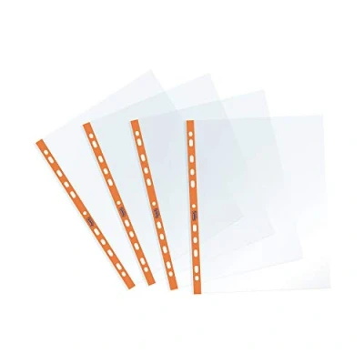 Imagen de Favorit 400136861 Fundas transparentes, perforación universal, formato interior 22 x 30 cm, acabado liso, para hojas A4, paquete de 25 unidades, con banda naranja fluorescente