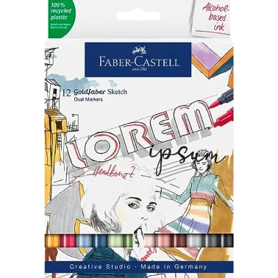 Imagen de Faber Castell Goldfaber Sketch Marker 164712 Estuche de 12 Rotuladores para bocetos Colores Surtidos Punta pincel y Fina