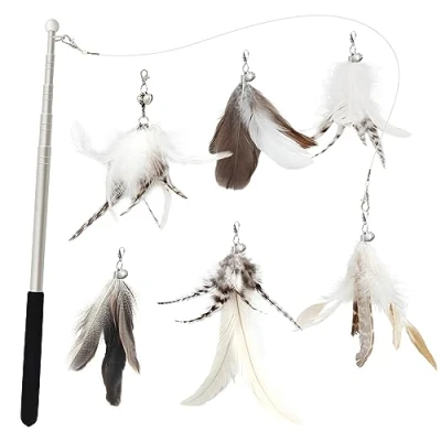Imagen de SONGWAY 7 Piezas Juguete Pluma de Gato Juguetes Interactivos para Gatos, 1 Varita Retráctil y 6 Plumas Naturales Recambio con Campana, Caña Gatos Juego Gatitos Interior