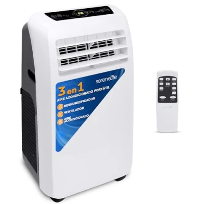 Imagen de SereneLife Aire Acondicionado Portátil, 9.000 BTU, Móvil, Silencioso, Deshumidificador, Ventilador, Kit Escape Ventana, Control Remoto, Blanco, Portátil Para Casa y Oficina