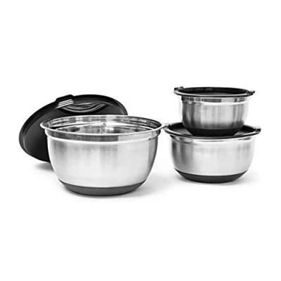 Imagen de Relaxdays Set Cuencos Cocina Antideslizantes, Acero, 3 Piezas, con Tapa, Ensaladeras, 14x25,5x25,5 cm, Plateado y Negro, Silicona