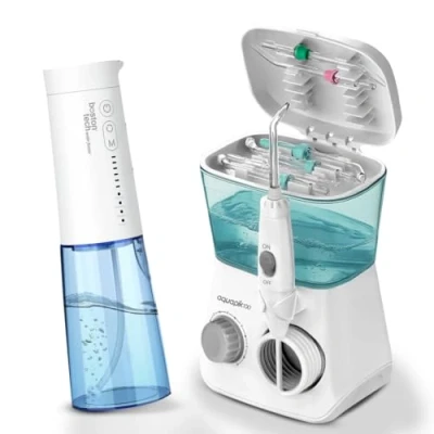 Imagen de Aquapik® DUO Irrigador Dental 100 Sobremesa + ONE Portátil Recomendado por Dentistas Elimina Placa, Cuida Implantes y Ortodoncia Uso en Casa Viaje