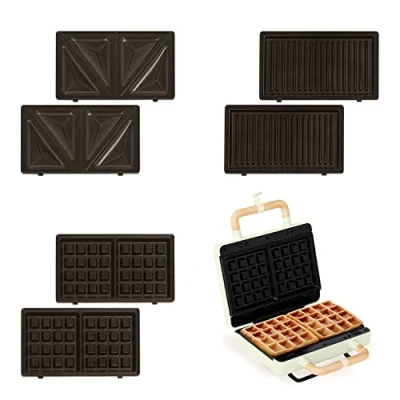 Imagen de CREATE/STONE STUDIO/Sandwichera Grill y gofrera doble verde / 3 placas intercambiables: Grill, Gofre Sandwich, antiadherente, apertura 100º, 2 rebanadas, autoapagado, retro, 800W