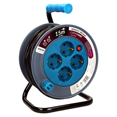 Imagen de Orno AE 1339 Mini Tambor de Cable 15m con 4 tomas corriente, soporte metal y protección térmic (Azul)