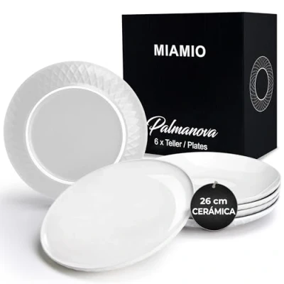 Imagen de MIAMIO Juego de 6 Platos/Vajilla moderna cerámica/Gres Colección Palmanova (26 cm, Blanco)