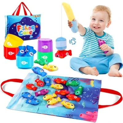 Imagen de GOLXUWO Montessori Juego Pesca 6 12 Meses, con 15 Peces Tela Taza Apilable, Educativos Juguetes Bebes Meses