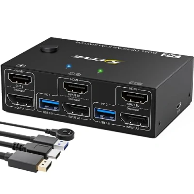 Imagen de Conmutador KVM USB 3.0 Displayport HDMI, Switch Dual Monitor 4K@60Hz, HDMI 2.0 + DP 1.4 con 4 puertos para 2 Computadoras Comparte Mouse, Teclado y