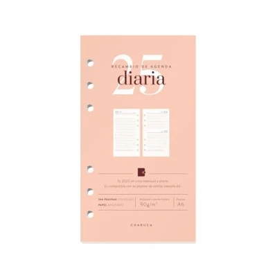 Imagen de CHARUCA Recambio Agenda A5 Y A6 Anillas 2025 VISTA DIARIA 344 Páginas en Papel Natural 90 Grs Repuesto Compatible con de A6. (RECAMBIO A6)