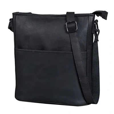 Imagen de LEABAGS Bolso de Cuero para Mujer Bandolera Genuino Hombro Trabajo, Universidad, Escuela y Tiempo Libre Tamaño L (31 x 23 6 cm) Negro Natural