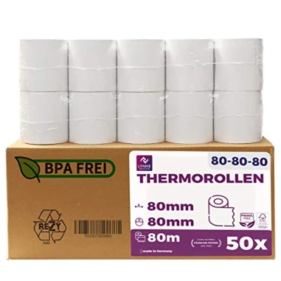 Imagen de papel térmico 80x80 Rollo para impresora termica Rollos de tickets 80mm 80x80x12 caja registradora negocio y bar (50 ud.)