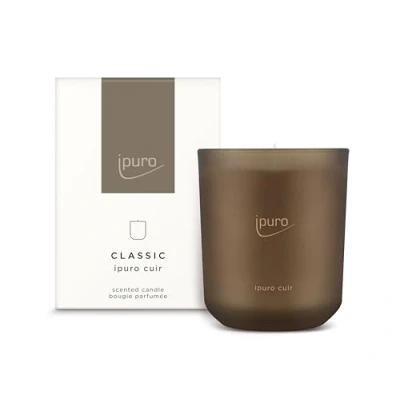 Imagen de ipuro Cuir Vela aromática decorativa clásica en tarro de cristal con notas cítricas, vainilla, cuero y madera oscura, velas aroma larga duración, color marrón, 270 g