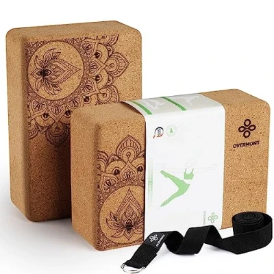 Imagen de Overmont Baldosas de Yoga Corcho，2 Block Natural Ecológico,con correas para yoga, pilates, fitness en general y estiramientos,para Principiantes Profesionales,23 x 15 7,6 cm