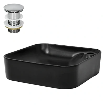 Imagen de ML Design Lavabo Cuadrado Ovalado 430x430x120 mm Negro de Cerámica Mate Fregadero para Pared o Sobre Encimera con Juego Desagüe Cromado Lavamanos Diseño Moderno Aseo Baño Agujero Grifo