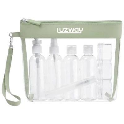 Imagen de Neceser Transparente, LUZWAY Bolsa de Cosméticos Impermeable, Aseo Claro PVC + 8 Botellas Viaje (MAX.100ml), Transporte Líquidos en Avión para Mujer y Hombre (Verde Aguacate)