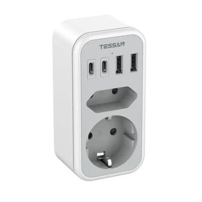 Imagen de TESSAN Ladron Enchufes, 6 en 1 Enchufe Multiple con 2 USB C y A, 3600W Ladrones para Pared Phone Electrodomésticos, EU